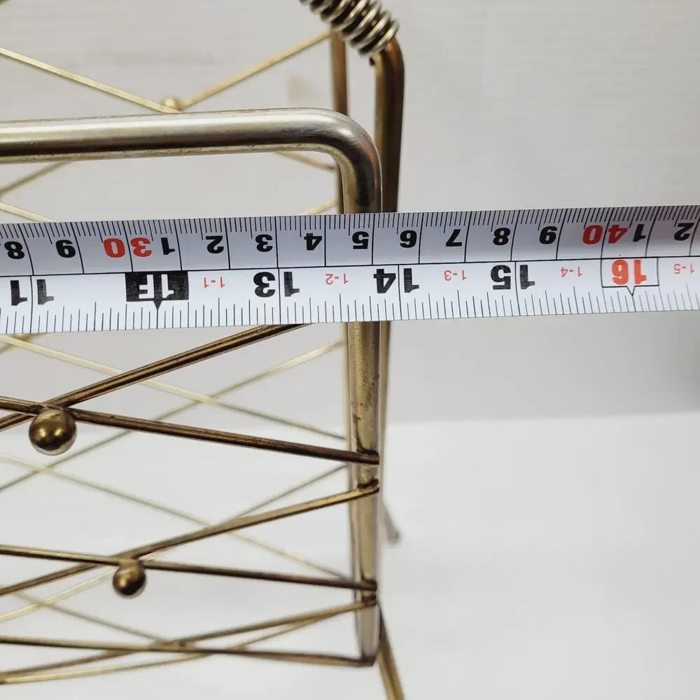 Vtg MCM ATOMIC Diamond Magazine Rack Holder Gold Brass Plate Wire Wrapped Handle
